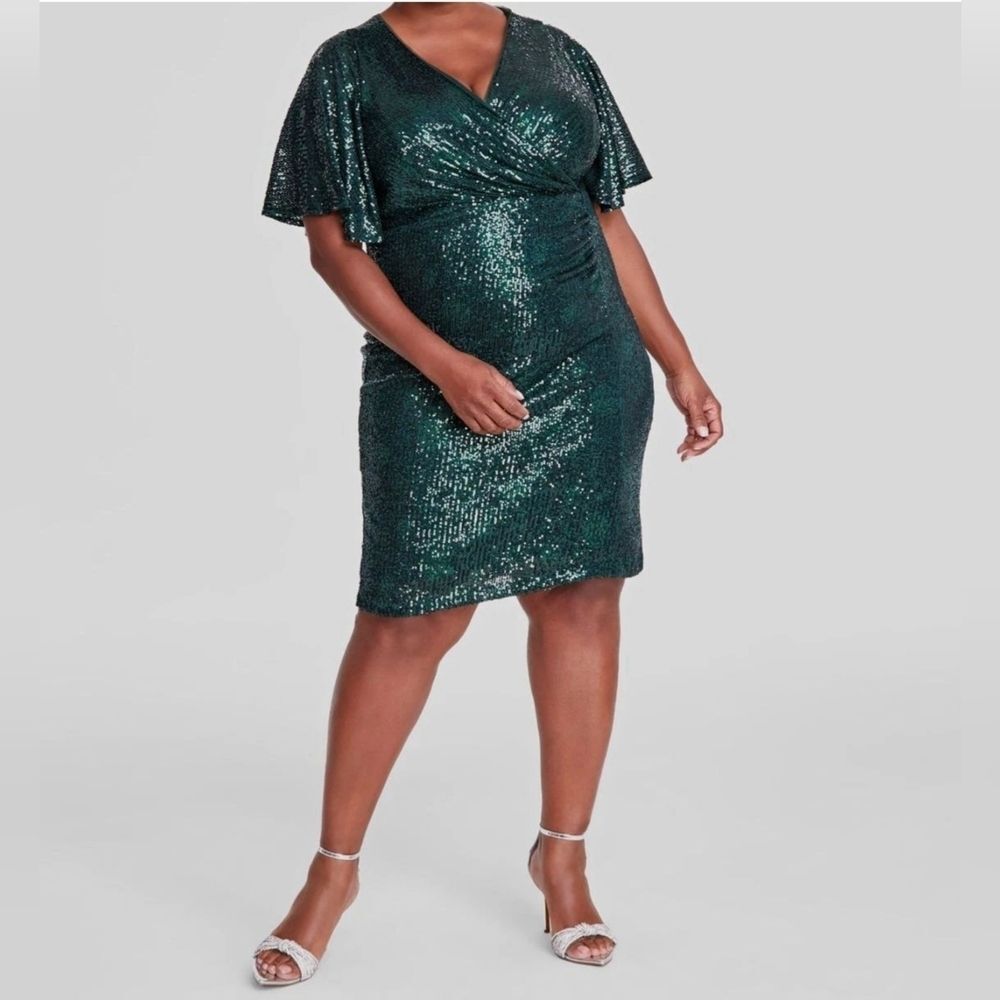 SLNY Womens  Green Sequin Dress Size 16 Surplice-Neck